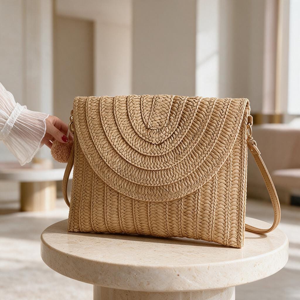 Woven Straw Crossbody Bag, Boho Summer Shoulder Purse, Natural Rattan Style Handbag, Woven Flap Bag, Beach Vacation Bag