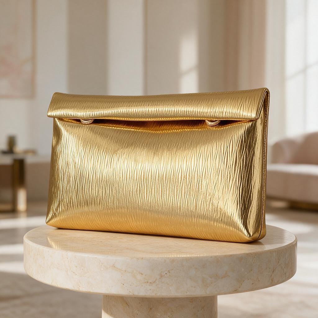 Metallic Gold Pleated Clutch Bag, Textured Envelope Purse, Gold Evening Bag, Foldover Party Clutch, Elegant Wedding Guest Purse