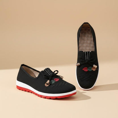 Black Floral Slip On Shoes for Women, Bow Detail Casual Sneakers, Embroidered Everyday Footwear