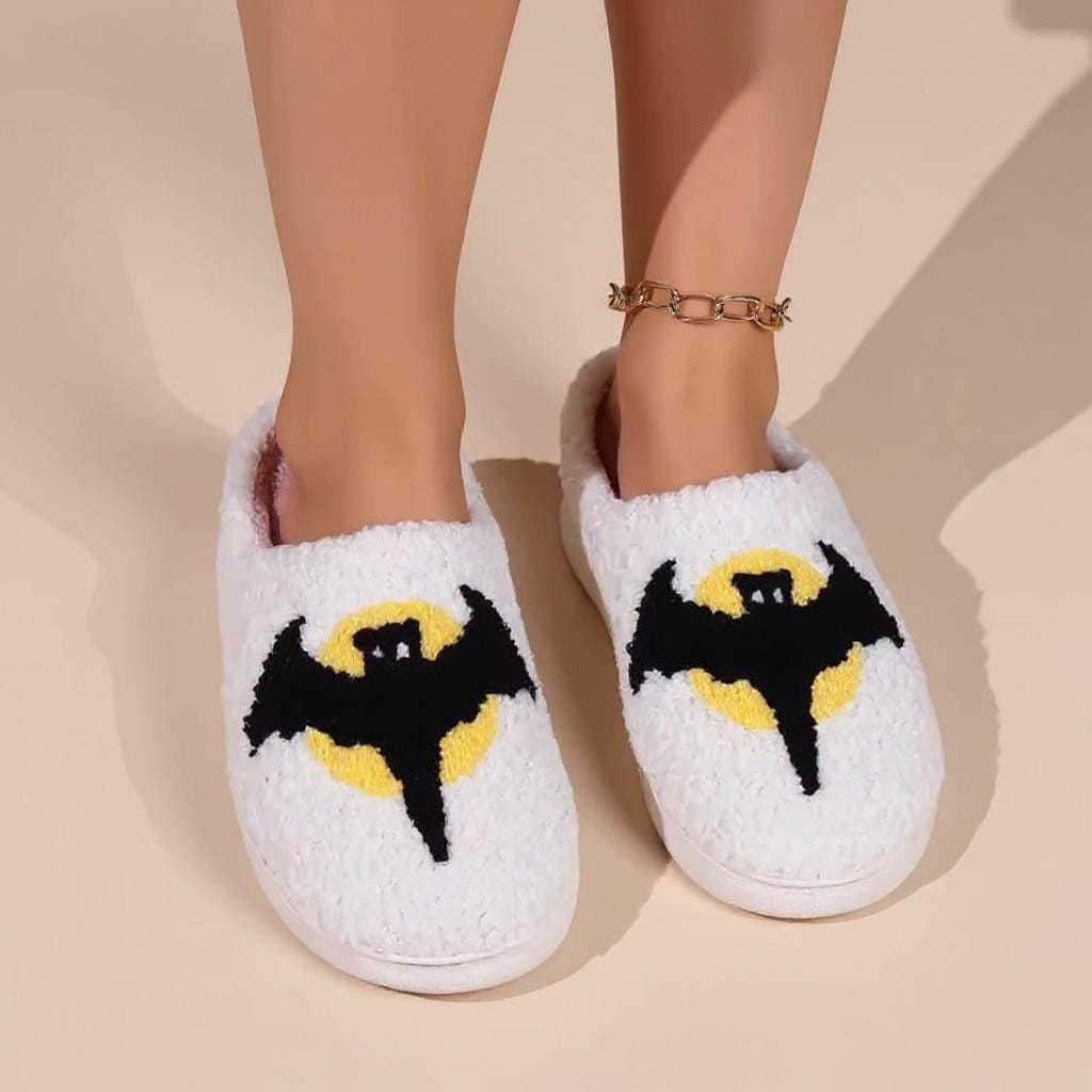Bat Slippers, Fuzzy White House Shoes, Spooky Halloween Slippers