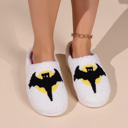 Bat Slippers, Fuzzy White House Shoes, Spooky Halloween Slippers