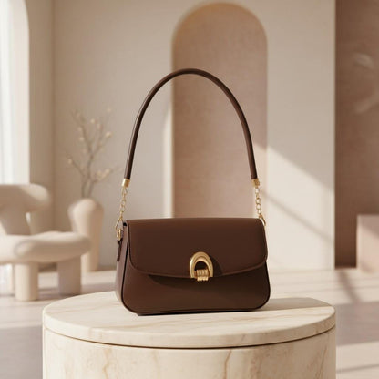Brown Flap Shoulder Bag, Structured Handbag, Gold Clasp Purse, Top Handle Bag