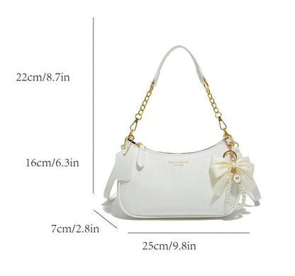 White Baguette Shoulder Bag, Bow Purse, Pearl Charm Handbag, Gold Chain Bag, Coquette Purse, Elegant Y2K Women's Handbag