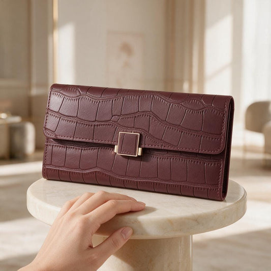 Burgundy Croc Embossed Wallet, Long Womens Wallet, Flap Purse with Metal Clasp