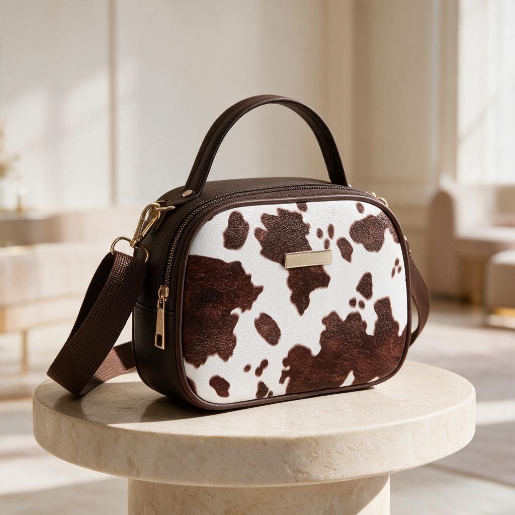 Cow Print Crossbody Bag, Brown White Shoulder Bag, Cow Print Purse, Mini Handbag, Structured Shoulder Purse, Everyday Bag