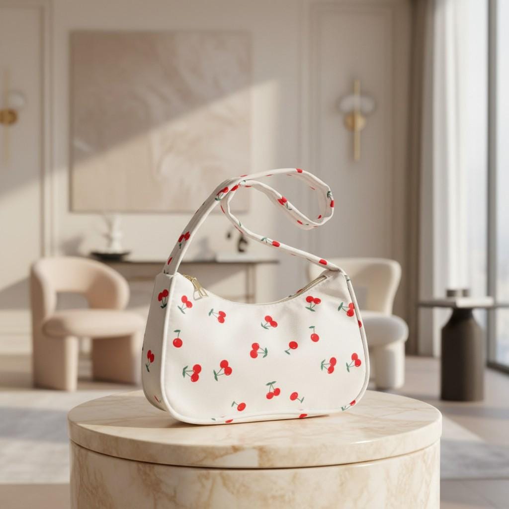 White Cherry Print Shoulder Bag, Cute Baguette Purse, Y2K Fruit Print Handbag, Small Underarm Bag, Casual Summer Bag