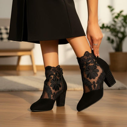 Black Lace Ankle Boots, Floral Embroidered Block Heel Booties for Women