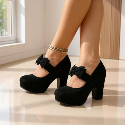 Black Mary Jane Heels, Bow Platform Pumps, Chunky Block Heel Shoes
