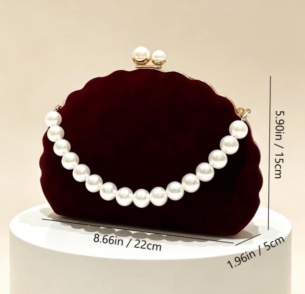 Burgundy Pearl Clutch, Velvet Evening Purse, Pearl Trim Bag, Wedding Guest Clutch, Elegant Formal Handbag