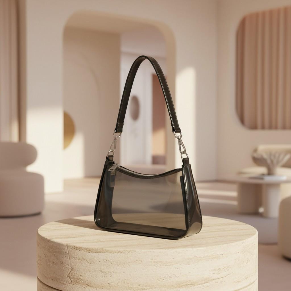 Black Clear Shoulder Bag, Transparent Purse for Women, See Through Handbag, Minimalist Zip Bag, Small Purse