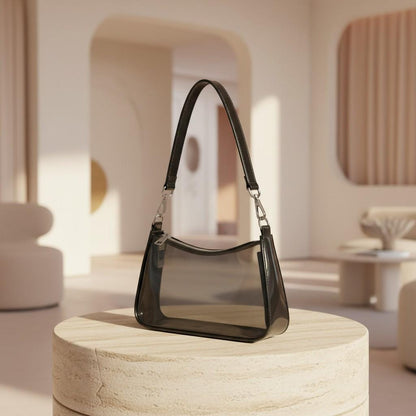 Black Clear Shoulder Bag, Transparent Purse for Women, See Through Handbag, Minimalist Zip Bag, Small Purse
