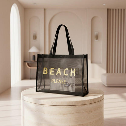 Black Mesh Beach Tote Bag, Beach Bag Set with Pouch, Summer Vacation Tote, Poolside Travel Bag, Coastal Carryall