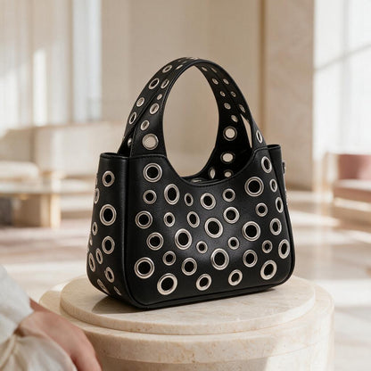 Black Grommet Handbag, Eyelet Shoulder Bag, Y2K Punk Purse, Studded Black Bag, Edgy Womens Shoulder Bag