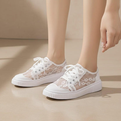 White Floral Lace Sneakers for Women, Romantic Low Top Shoes, Bridal Wedding Sneakers