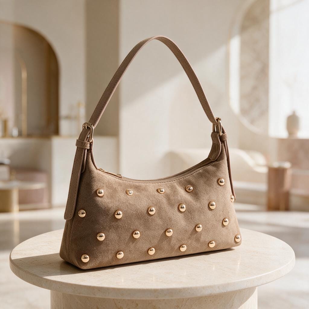 Taupe Studded Shoulder Bag, Suede Look Baguette Purse, Gold Stud Handbag, Y2K Underarm Bag, Minimalist Women’s Purse
