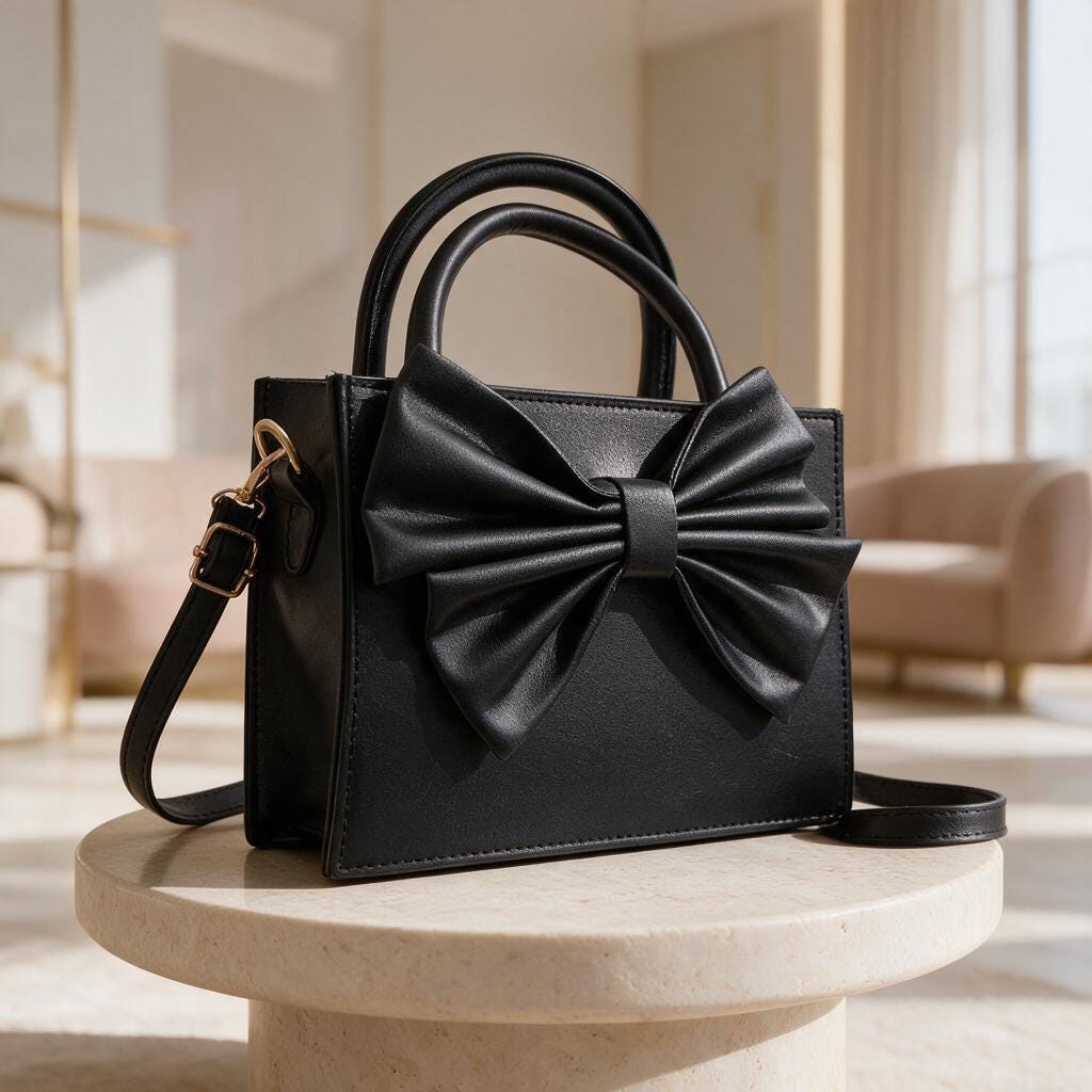 Black Bow Handbag, Structured Top Handle Purse, Large Bow Shoulder Bag, Elegant Womens Handbag, Feminine Crossbody Purse