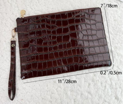 Brown Crocodile Clutch Bag, Glossy Wristlet Purse, Embossed Brown Evening Bag, Croc Print Pouch, Dark Brown Party Bag