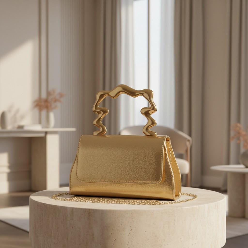 Gold Evening Bag, Metallic Clutch Purse, Top Handle Handbag, Chain Strap Party Bag, Wedding Guest Purse