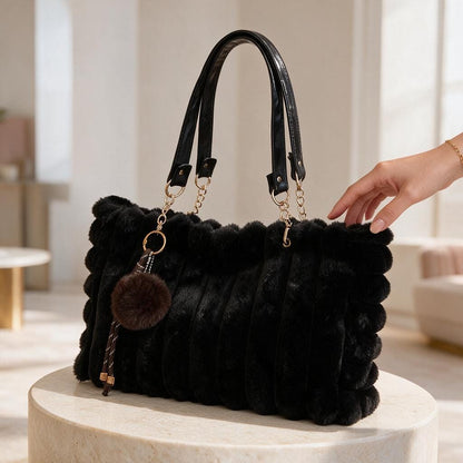 Black Faux Fur Bag, Fluffy Shoulder Purse, Cozy Winter Handbag, Plush Tote Bag, Soft Furry Fashion Accessory