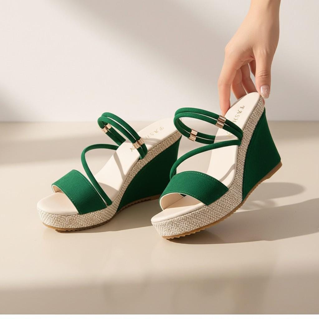Green Wedge Sandals for Women, Strappy Espadrille Platform Shoes, Open Toe Summer Heels