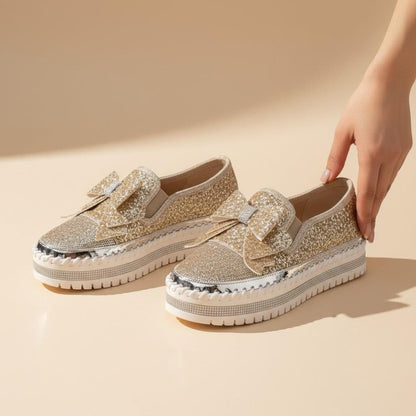 Gold Glitter Platform Loafers, Women's Bow Slip On Shoes
