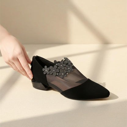 Black Mesh Pumps for Women, Pointed Toe Embellished Heels, Elegant Dress Shoes