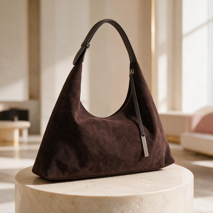 Dark Brown Suede Look Hobo Bag, Slouchy Shoulder Bag, Soft Brown Purse, Minimalist Underarm Handbag, 90s Inspired Bag