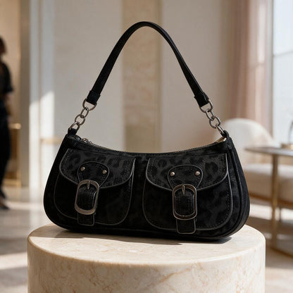 Black Buckle Shoulder Bag, Y2K Double Pocket Purse, 90s Baguette Handbag, Retro Bag