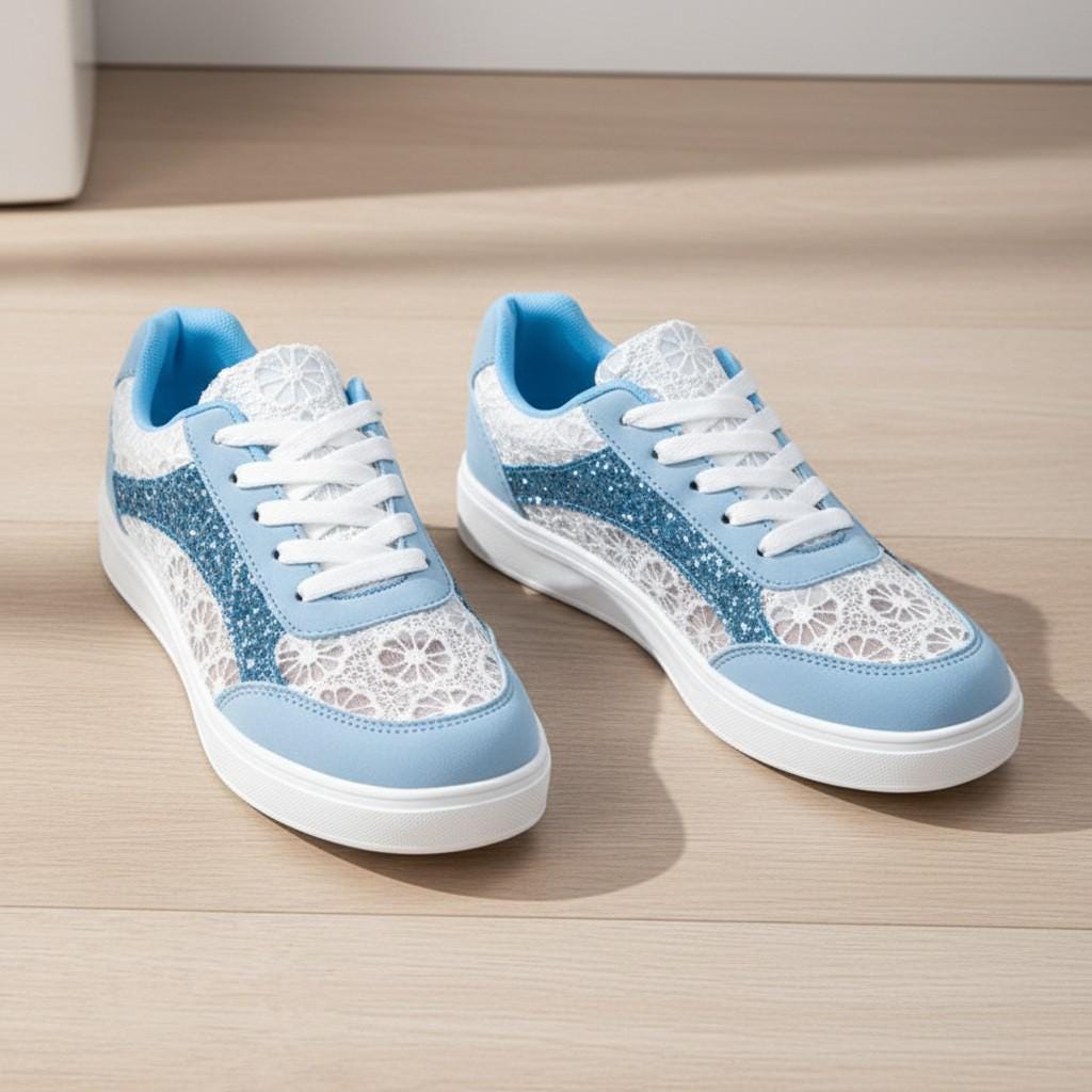 Blue Floral Sneakers for Women, Lace Detail Low Top Shoes, Light Blue Casual Footwear