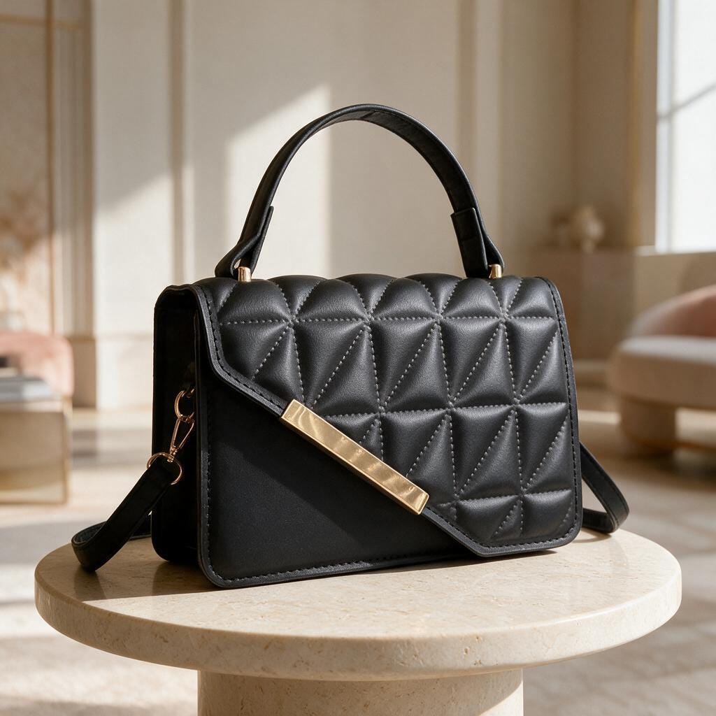 Black Quilted Handbag, Padded Top Handle Purse, Elegant Flap Shoulder Bag, Minimalist Crossbody Bag, Womens Evening Purse