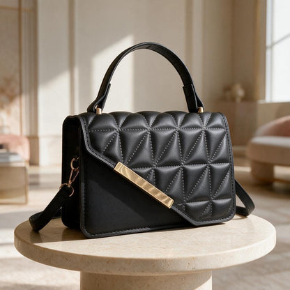 Black Quilted Handbag, Padded Top Handle Purse, Elegant Flap Shoulder Bag, Minimalist Crossbody Bag, Womens Evening Purse