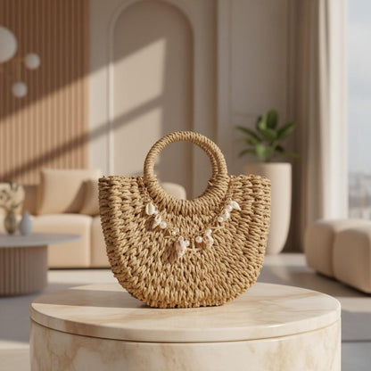 Woven Top Handle Bag, Natural Boho Handbag, Shell Charm Summer Purse