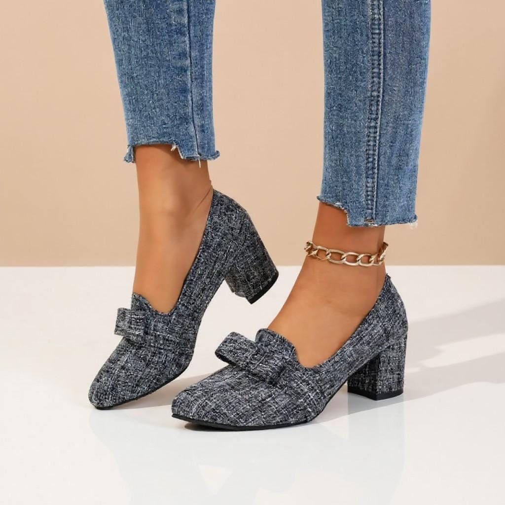 Gray Tweed Mary Jane Heels, Bow Block Heel Pumps, Vintage Inspired Shoes