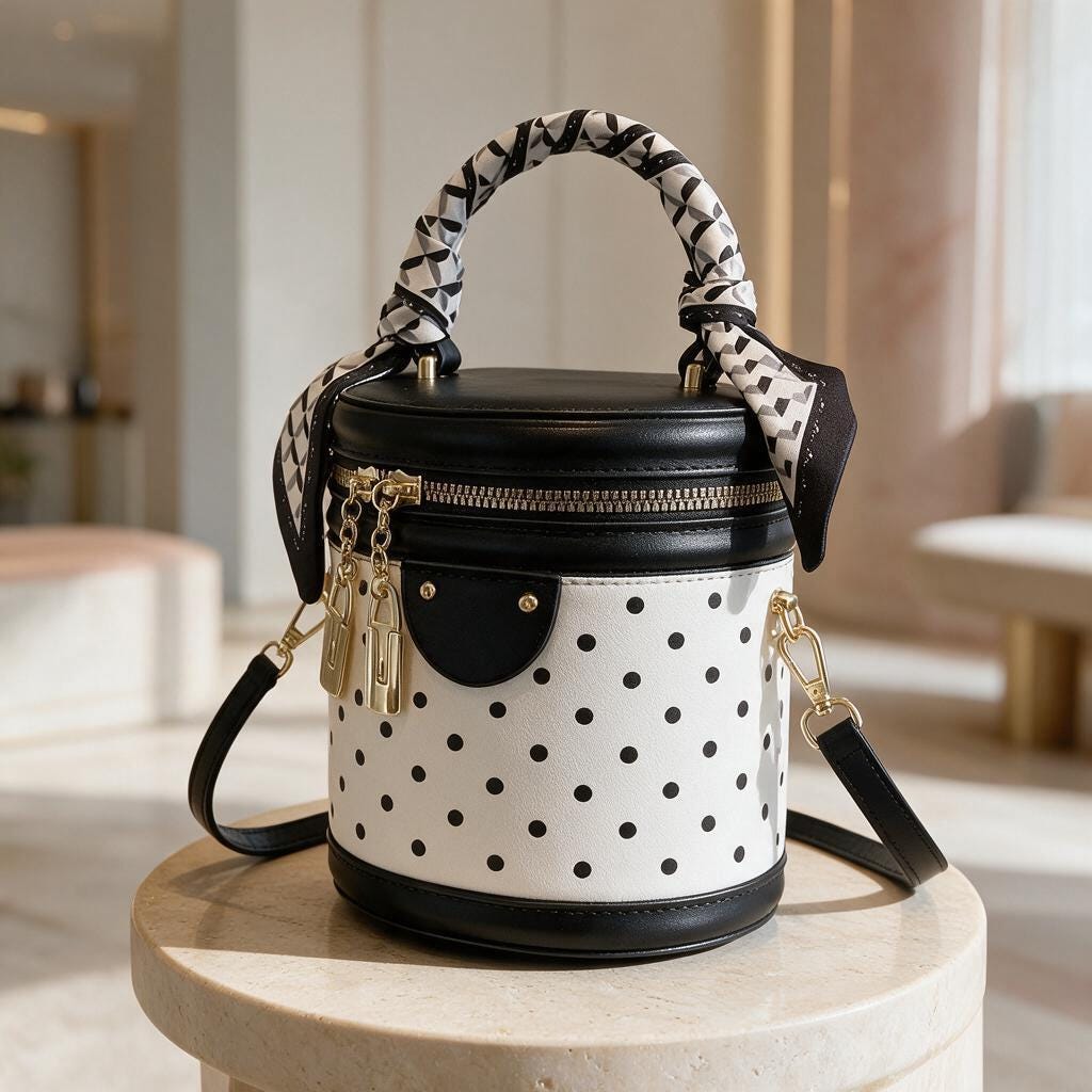 Polka Dot Bucket Bag, Black White Shoulder Bag, Cylindrical Handbag, Scarf Handle Purse, Gold Hardware Crossbody Bag