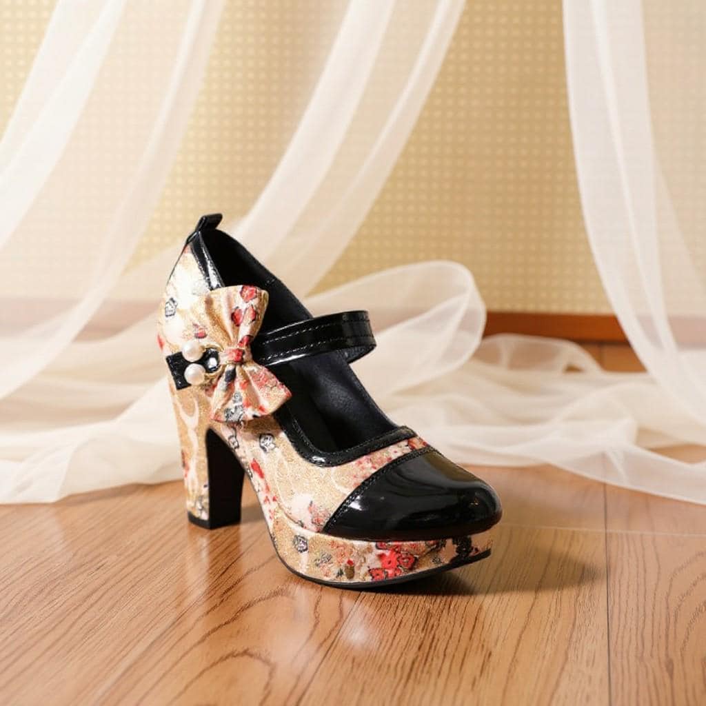 Floral Mary Jane Heels, Bow Platform Pumps, Black Patent Toe Shoes