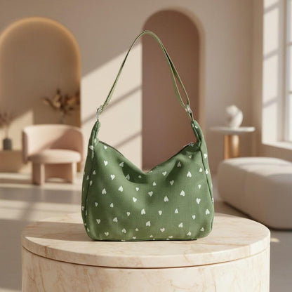 Sage Green Heart Shoulder Bag, Cute Hobo Purse, White Heart Print Handbag, Y2K Style Everyday Bag