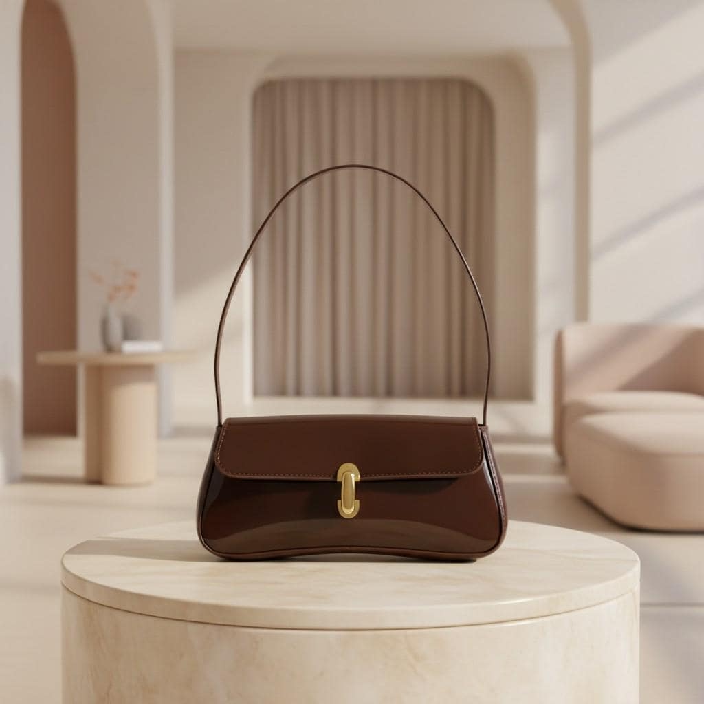 Brown Baguette Shoulder Bag, Glossy Brown Handbag, Gold Clasp Purse, Y2K Underarm Bag, Minimalist Everyday Shoulder Bag