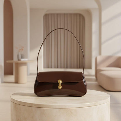 Brown Baguette Shoulder Bag, Glossy Brown Handbag, Gold Clasp Purse, Y2K Underarm Bag, Minimalist Everyday Shoulder Bag