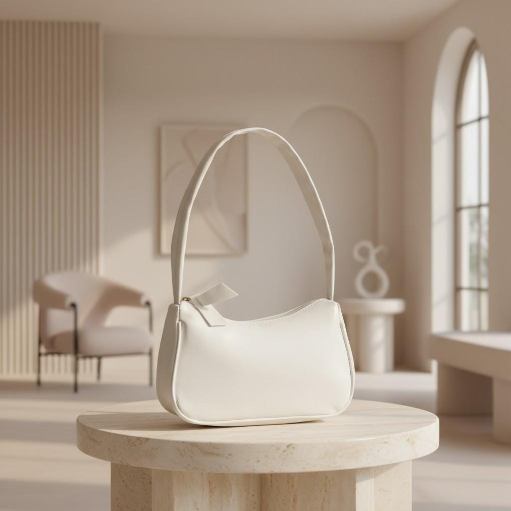 White Baguette Shoulder Bag, Minimalist Y2K Purse, Small White Handbag, Curved Underarm Bag, Women's Everyday Bag