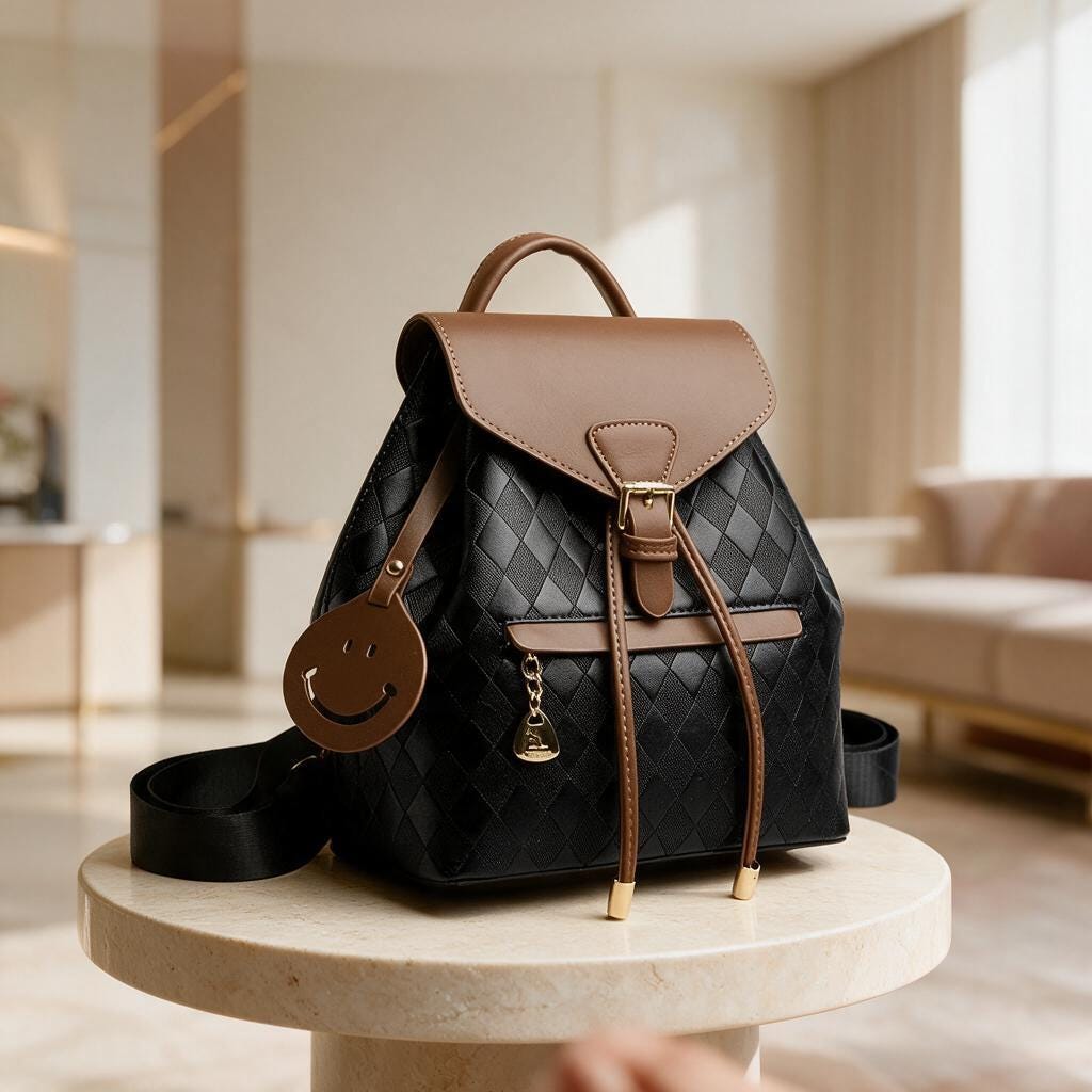 Black Quilted Backpack Purse, Mini Women's Backpack, Brown Flap Shoulder Bag, Cute Everyday Bag