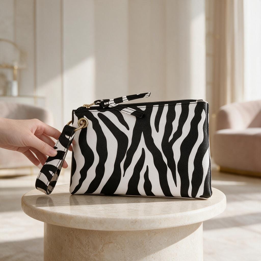 Zebra Print Clutch Bag, Black White Wristlet Purse, Animal Print Evening Bag, Zebra Pouch, Statement Party Clutch