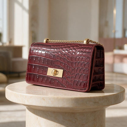 Burgundy Shoulder Bag, Croc Embossed Purse, Wine Red Handbag, Chain Strap Bag, Structured Flap Purse, Elegant Evening Bag