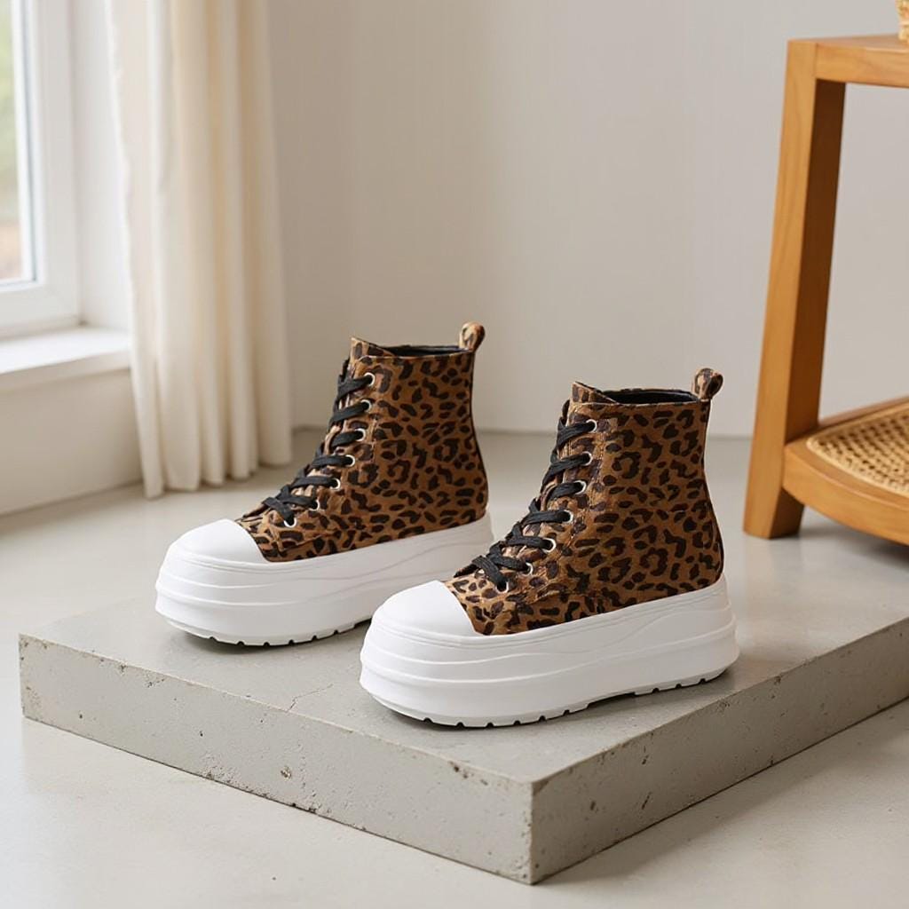 Leopard Print Platform Sneakers, High Top Chunky Sneakers, Animal Print Lace Up Shoes, Women's Fashion Shoes