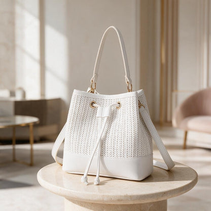 White Bucket Bag, Drawstring Shoulder Purse, Textured Summer Bag, Boho Inspired Handbag, White Casual Womens Bag