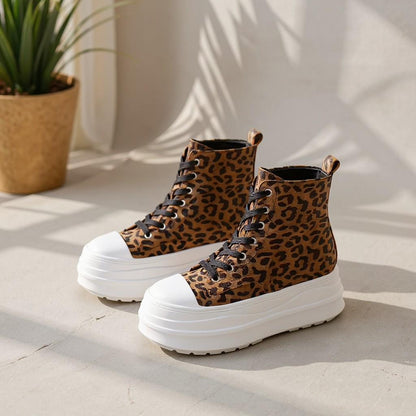 Leopard Print Platform Sneakers, High Top Chunky Sneakers, Animal Print Lace Up Shoes, Women's Fashion Shoes