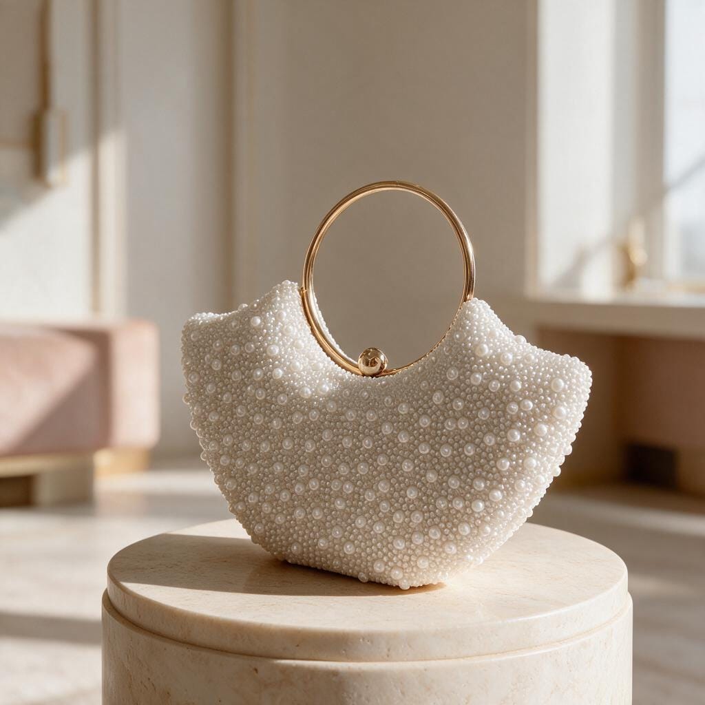 White Pearl Beaded Bag, Gold Ring Handle Evening Purse, Bridal Wedding Handbag