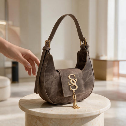 Brown Shoulder Bag, Monogram Flap Purse, Y2K Hobo Handbag, Tassel Detail Bag