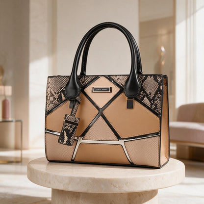 Geometric Color Block Tote Bag, Snake Print Handbag, Structured Top Handle Purse, Beige Tan Shoulder Bag, Women's Work Bag