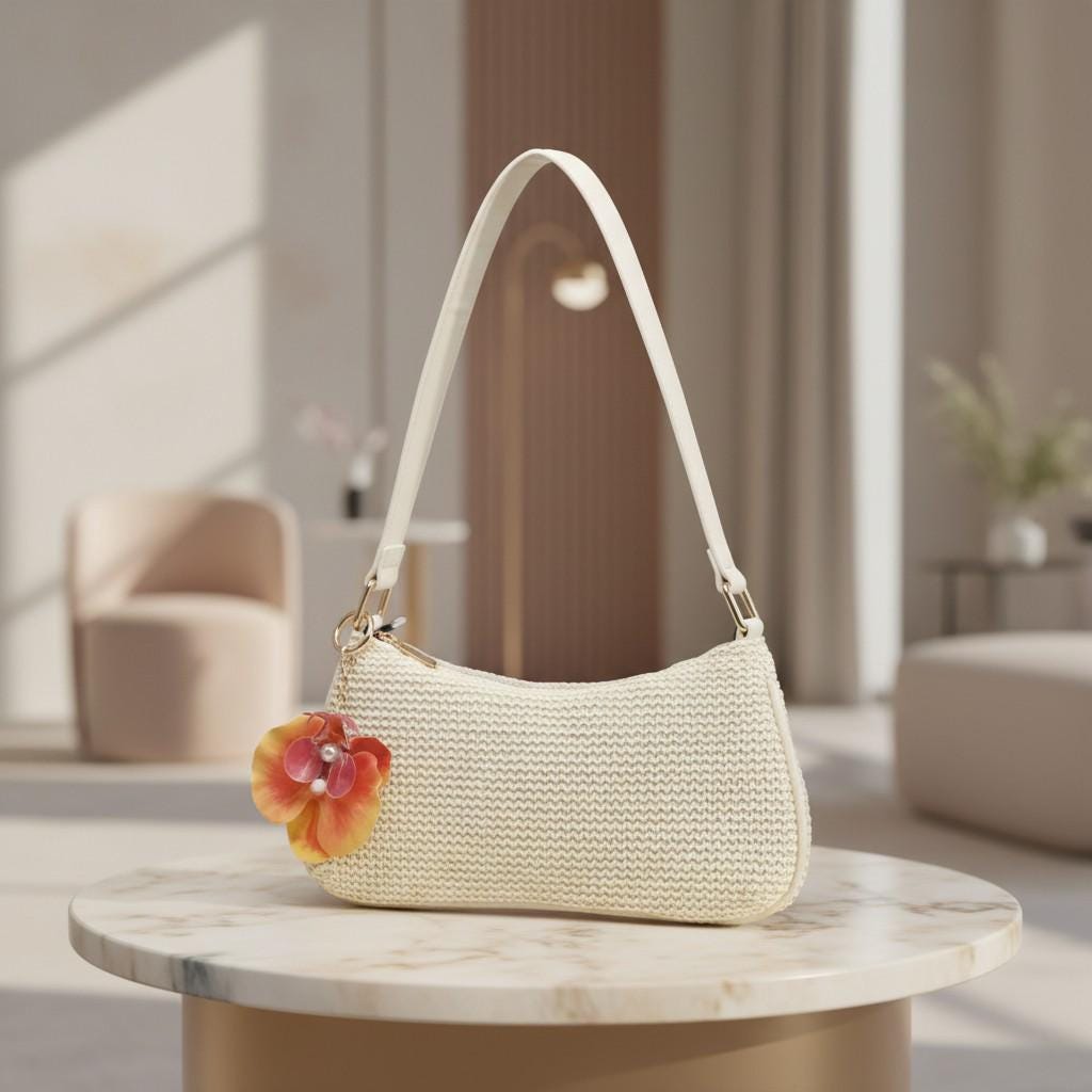 Cream Woven Shoulder Bag, Floral Crochet Purse, Flower Hobo Bag, Boho Summer Handbag, Cute Beach Bag, Vacation Purse