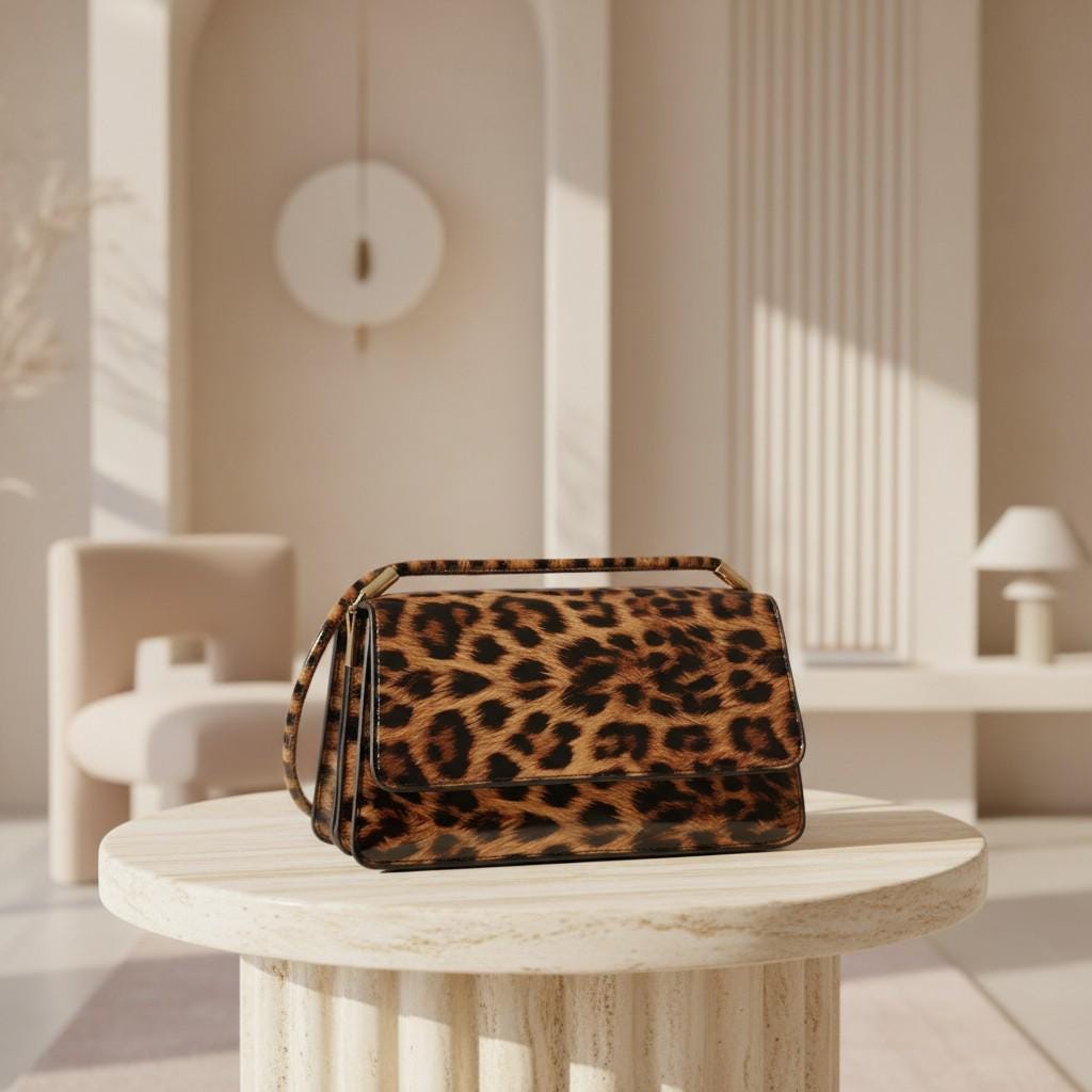Leopard Print Flap Bag, Brown Animal Print Handbag, Structured Top Handle Purse, Y2K Shoulder Crossbody Bag, Women's Leopard Bag